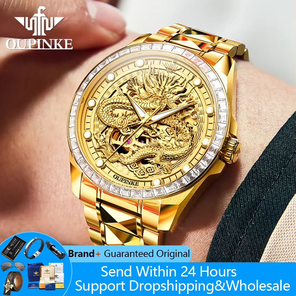 

OUPINKE 3276 Dragon Watch For Man Diamond Bezel 5Bar Waterproof Wristwatch Top Luxury Hollow Automatic Mechanical Men's Watches