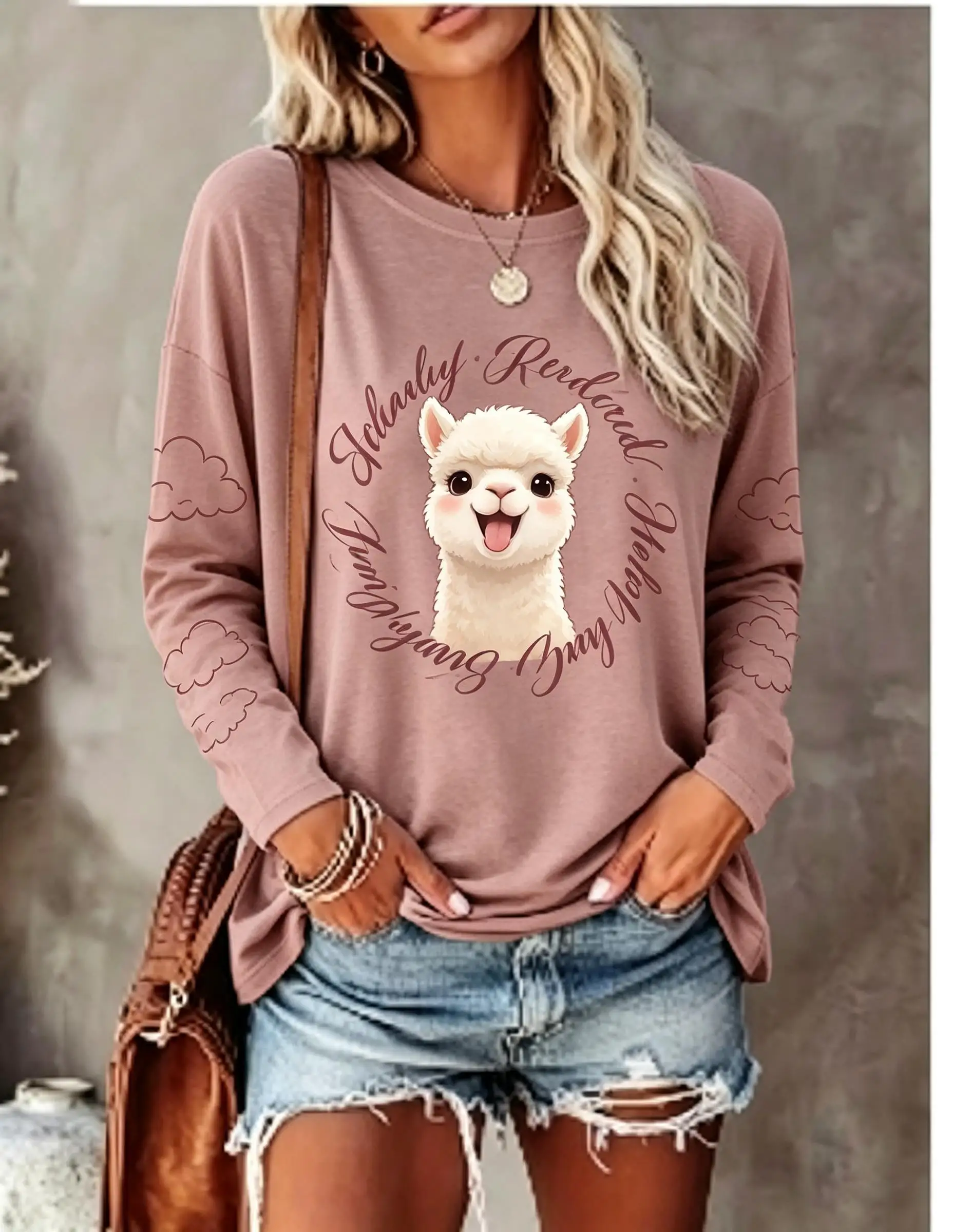 Camiseta de manga larga para mujer, con un diseño adorable de alpaca, estampado de letras y motivos de nubes, cuello redondo, ideal para un estilo casual en otoño.