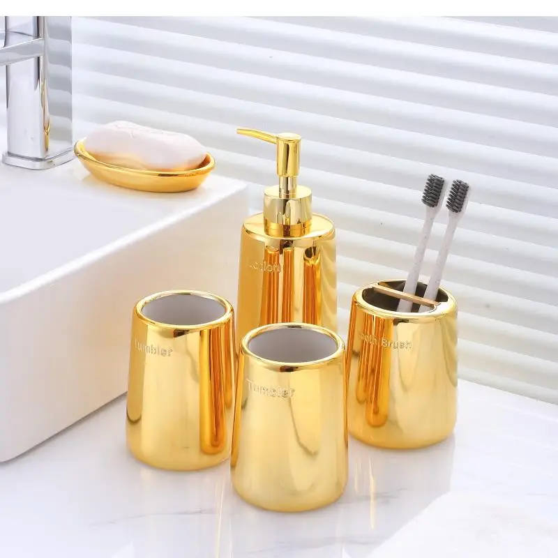 Bathroom Decor Gold-plated Resin Toothpaste Dispenser Soap Box Toothbrush Holder Bottle Cup Five-piece Set