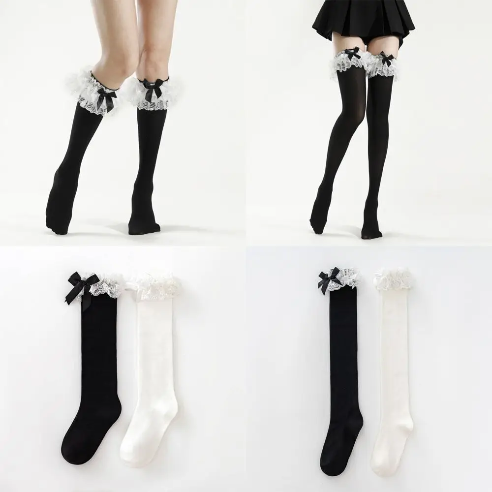 Japanese Style Lolita Lace Calf Stockings JK Multi Layer Ruffle Long Socks Bowknot Lace Tube Socks