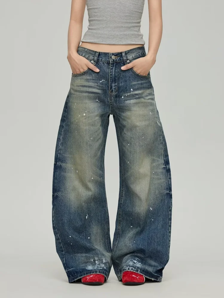 

2025 Cyber Y2K Streetwear Vintage Blue Paninting Baggy Jeans Pants For Women Clothes Wide Leg Lady Denim Trousers Pantalon Femme