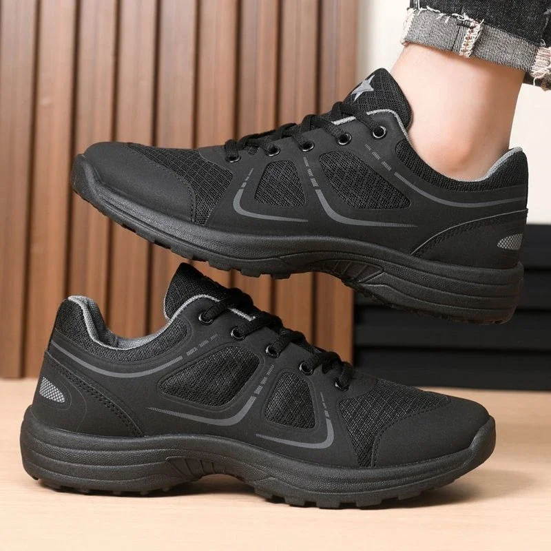 

Spring and summer physical training shoes, round toe,low top,mesh breathable black lace-up outdoor sports shoes and hiking shoes
