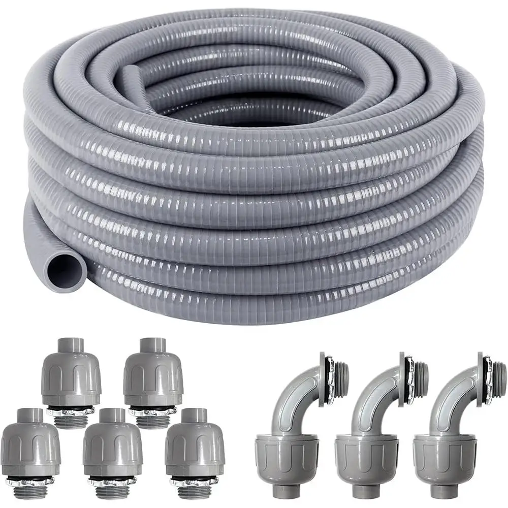 1inch 25ft Flexible Liquid Tight Electrical Conduit Kit with 5 Straight 3 Angle Connectors Non Metallic PVC Waterproof