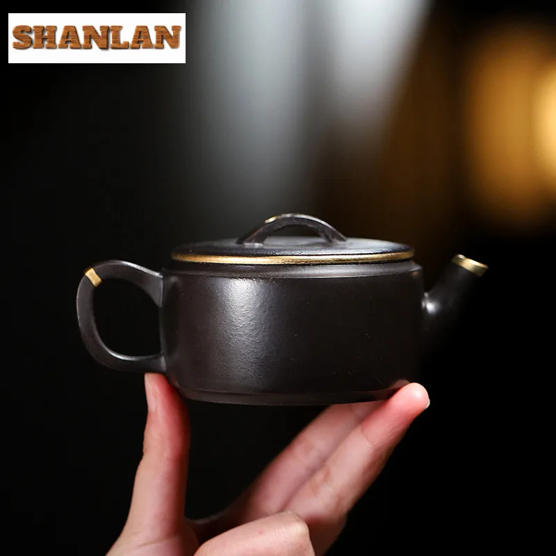 170ml Yixing Purple Clay Teapots Handmade Gold Tracing Large Caliber Pot Raw Ore Dahongpao Reducing Roasting Mud Zisha Tea Set