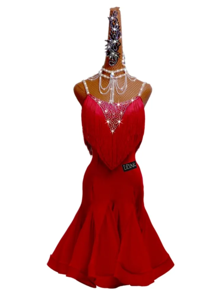 New Latin Dance Competition Suit Belt Denim Cha Cha bambini Adult Wine Red nappa senza maniche Backless Dress