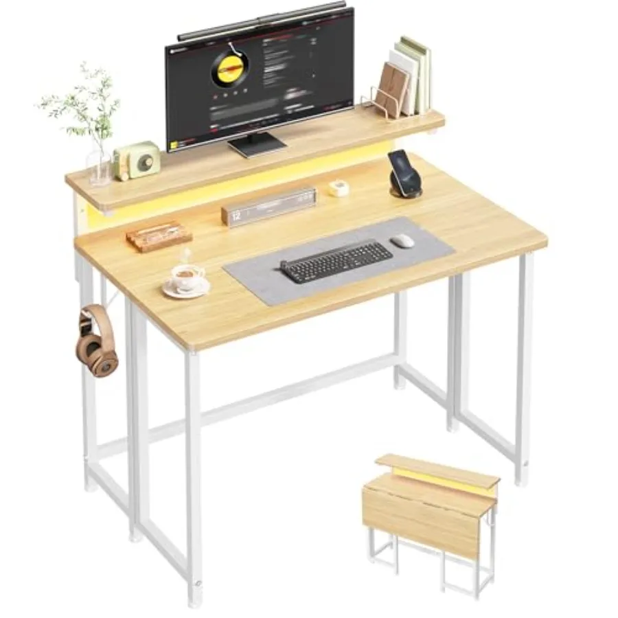 

Folding Desk for Small Space: Oak, 31.5 Inch Foldable Computer Desk with Monitor Stand, LED Lights, Hooks Compact Home Office W