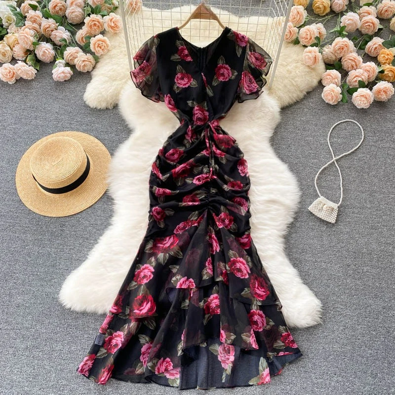 

Dress New Light Luxury Celebrity Print Dress Temperament Ruffle Leaf Edge Fishtail Dress Women's Skirt Looks Thin and Fashion