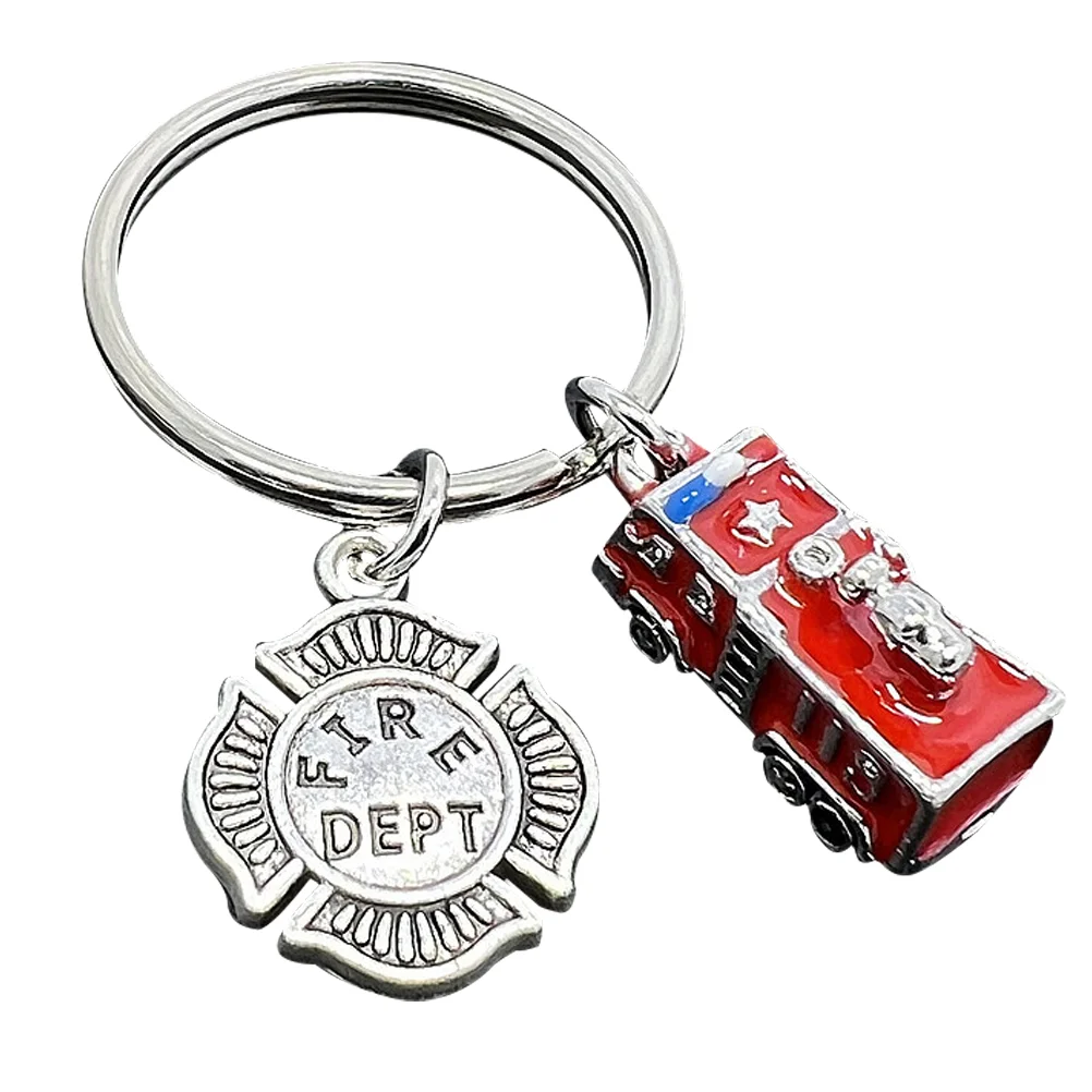 Fire Truck Keychain Fireman Decorative Bag Pendant Badge Hanging Adornment Engine