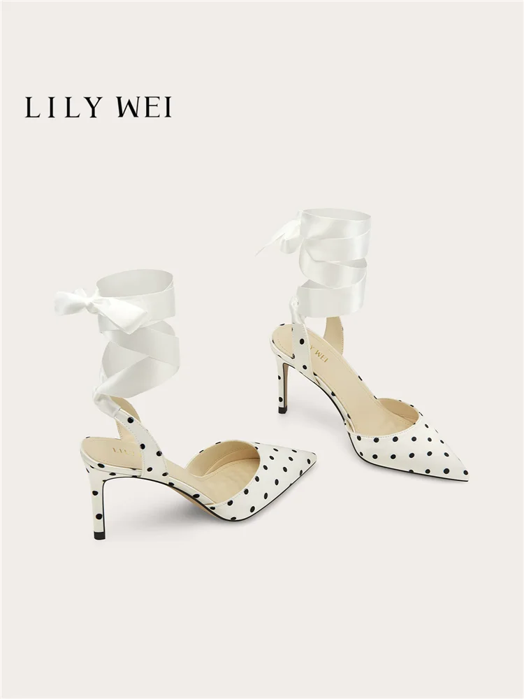 Summer pointed fabric polka dot rhinestone ribbon bow high-heeled sandals banquet large size small size wide version women shoes
