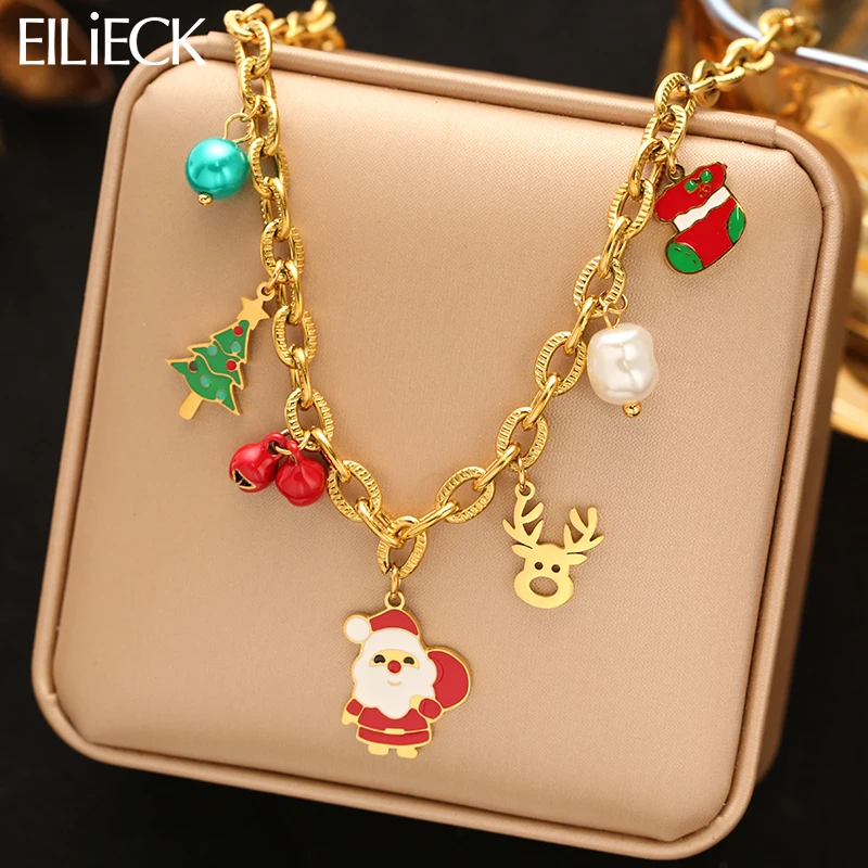 

EILIECK New Stainless Steel Christmas Snowman Pearl Bell Necklace For Women Fashion Neck Chain Handmade Jewelry Holiday Gift