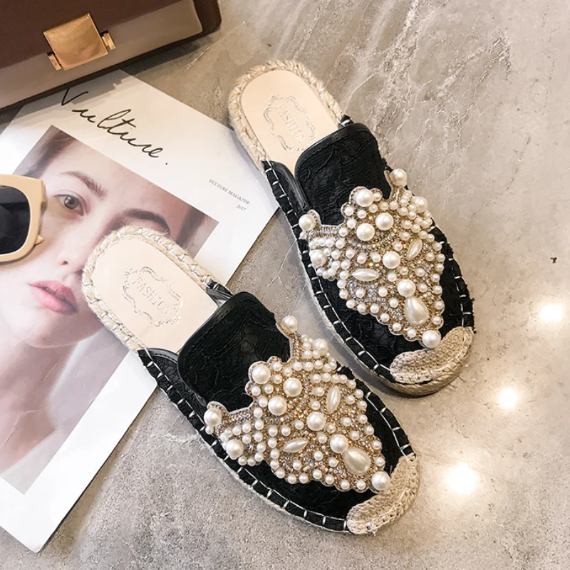 

Туфли женские летние на низком каблуке, однотонные шлепанцы с искусственным жемчугом, Повседневная Удобная обувь с мягкой подошвой