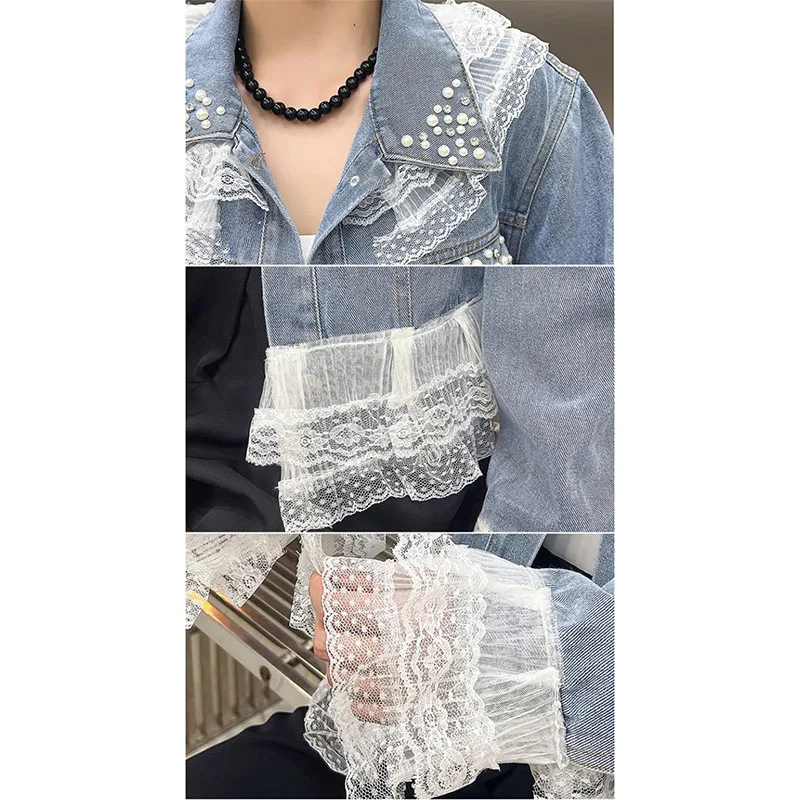 Women Denim Jacket 2025 New Fashion Design Lace Patchwork Spring Autumn Casual Jeans Coat Outerwear Top Large Size 5XL