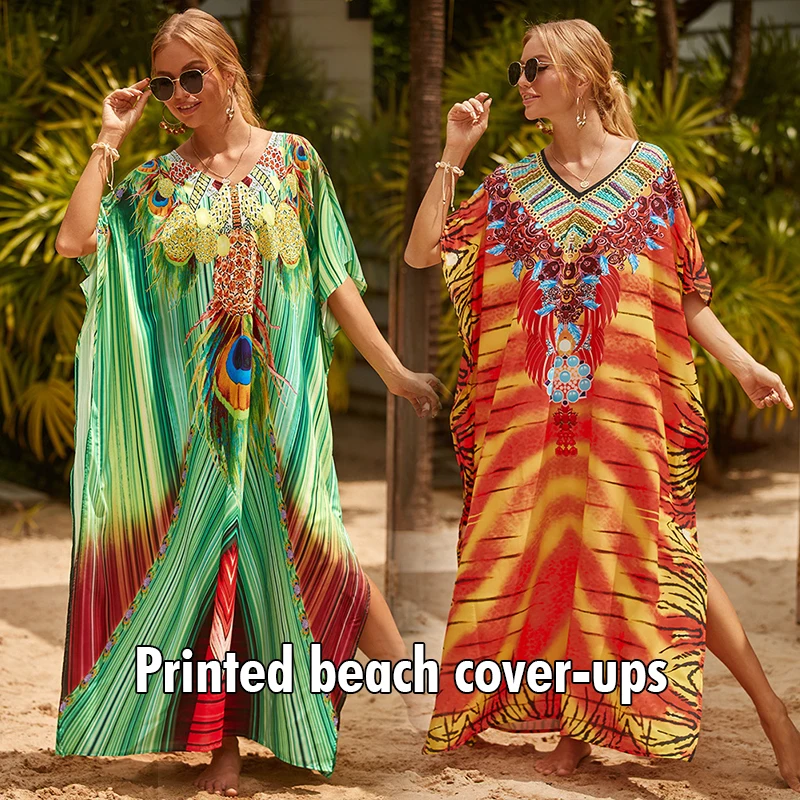 Summer Women Sexy Beach Dress V-Neck Tunic Sarong Swimwear Kaftan Robe Sundress Color Print Bikini Cover Up Oversized Maxi Dress