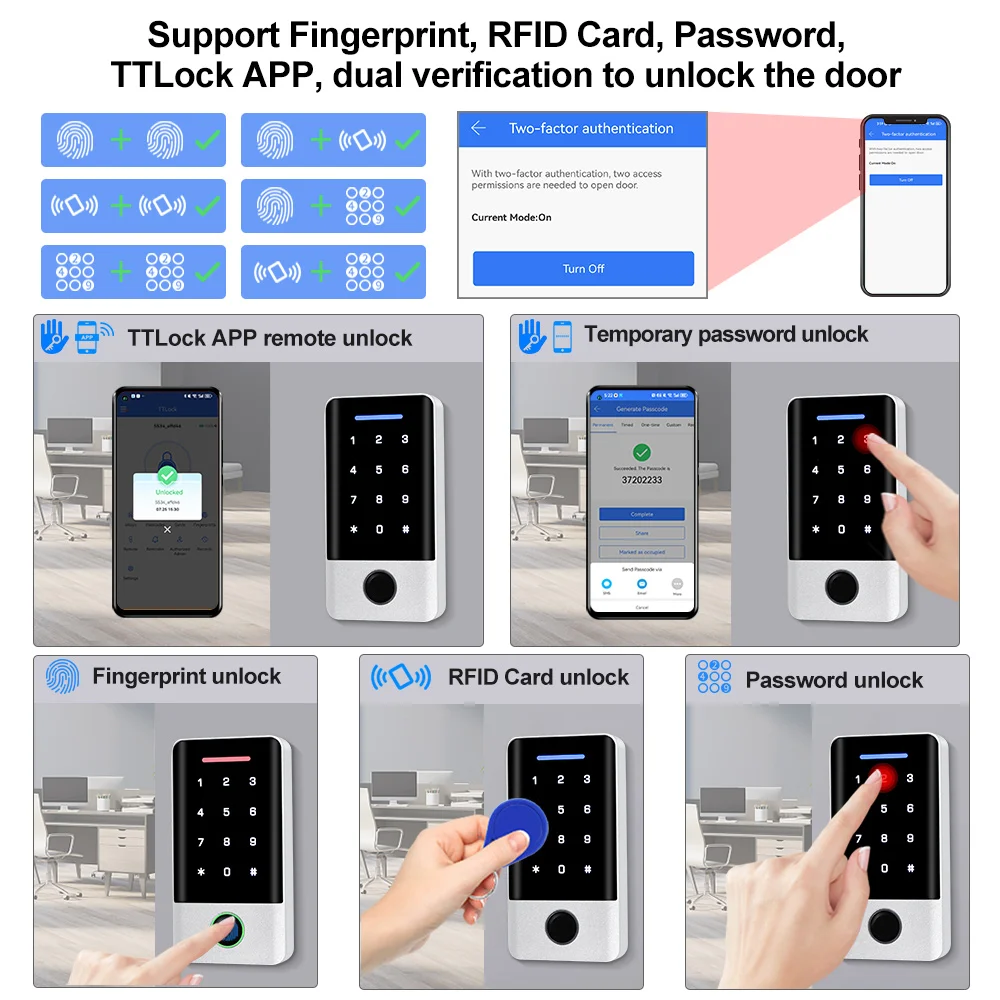 Bluetooth TTLock Fingerprint Access Controller RFID Keypad Touch Metal Password Door Opener System Smart Card APP Remote Unlock