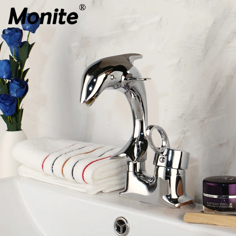 Monite Polished Chrome Deck Mounted Delfin Bathroom Widespread Faucet Bathroom Basin sink Mixer Taps dolphin Body