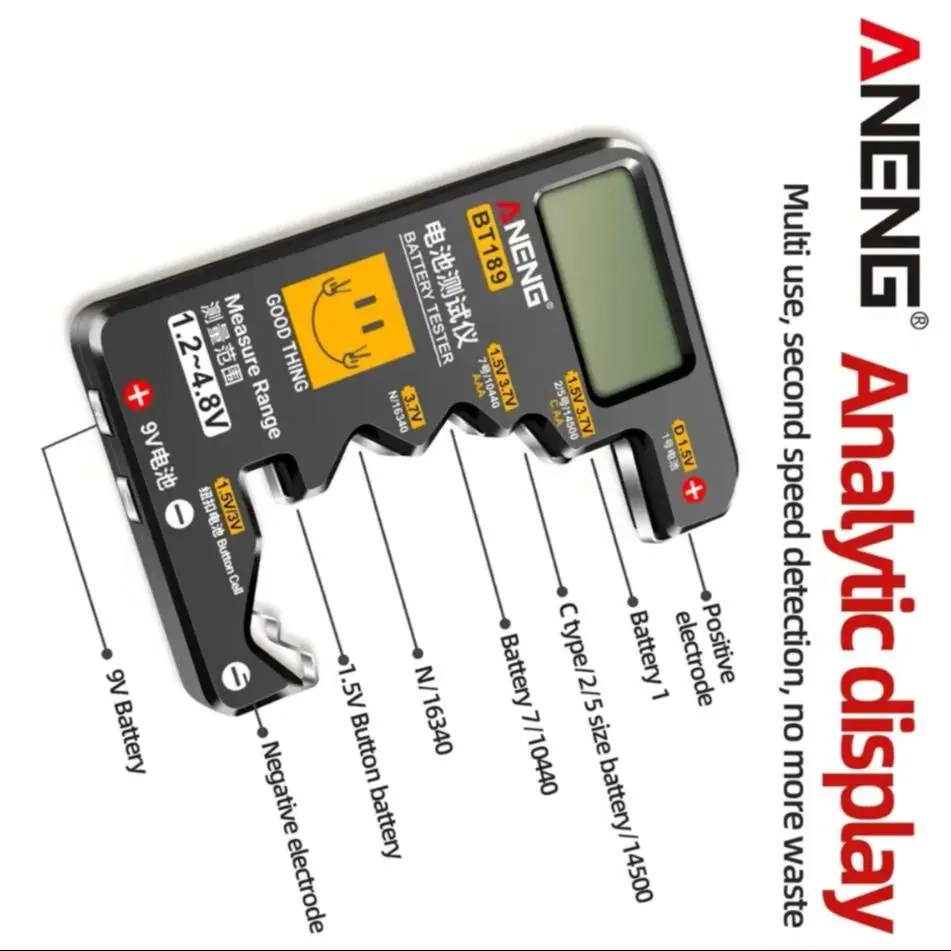 9V N D C AA AAA Universal Household LCD Display Battery Tester Power Bank Detectors Tools ANENG BT189 Button Cell Battery Tester