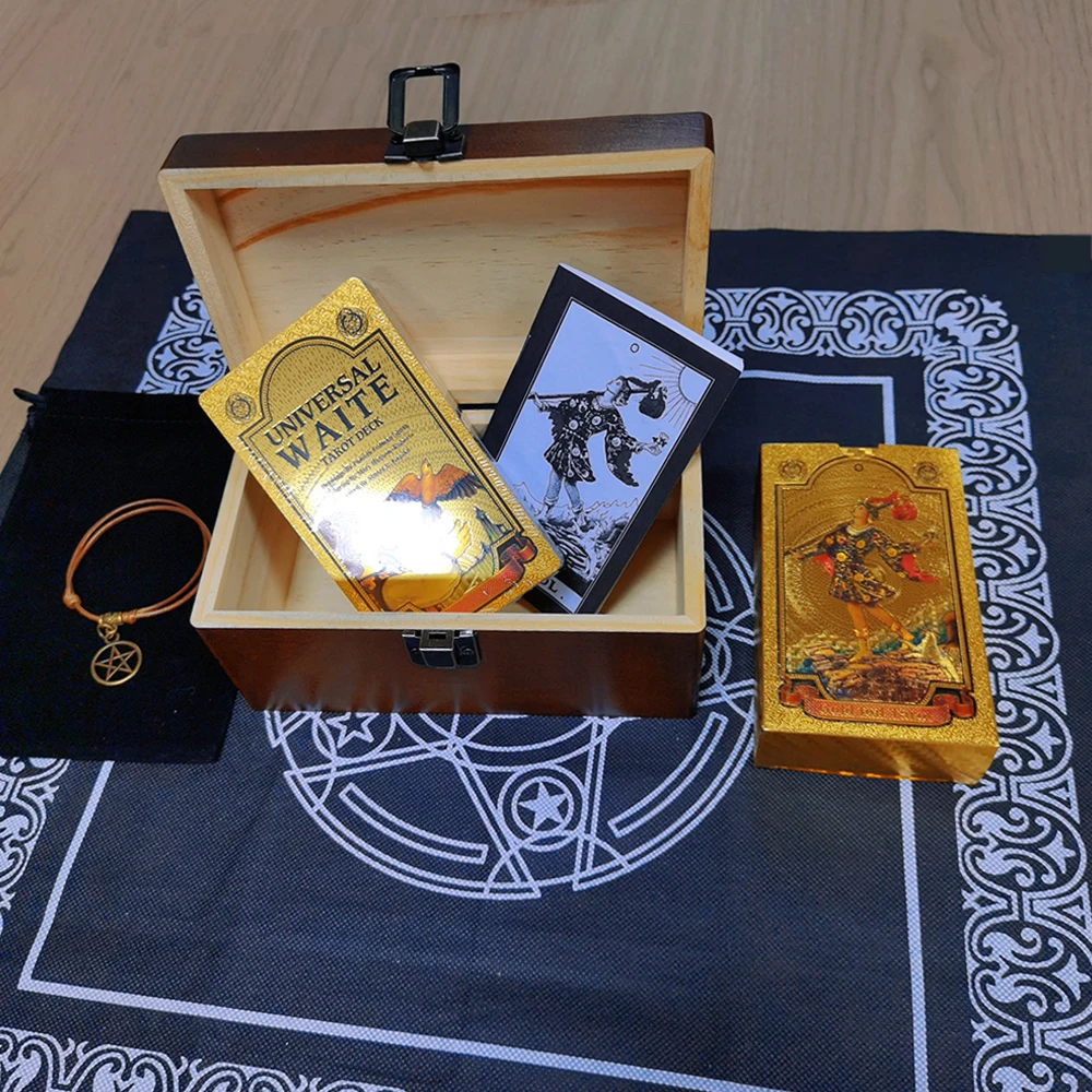 Six-pointed Star Divination Tarot Card Wooden Box Gift Box Pvc Gold Leaf Table Game Prediction Set Luxury Waterproof Belt Manual