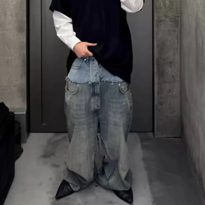 HKSH Spring Autumn New Men Tide Punk Ripped Denim Pants Women Spliced Double Layer Waist Baggy Jeans Streetwear Chic Ins HK3747
