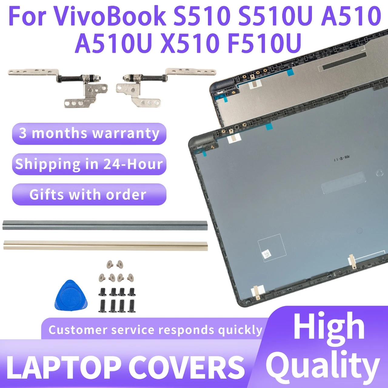 

NEW Metal Case For Lid VivoBook S510U A510 A510U X510 F510U S510 F510 LCD Back Cover Hinges Laptop Housing Case Gold color