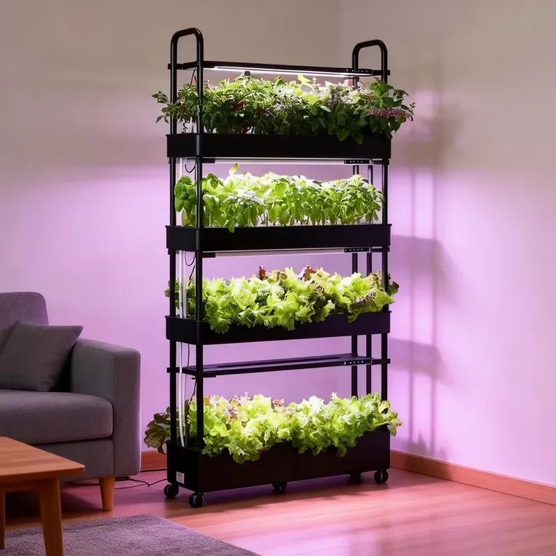 Rolling 4-Tier Hydroponic Garden Rack, Space-Saving Smart Soilless Growing Unit for Urban Home Gardening