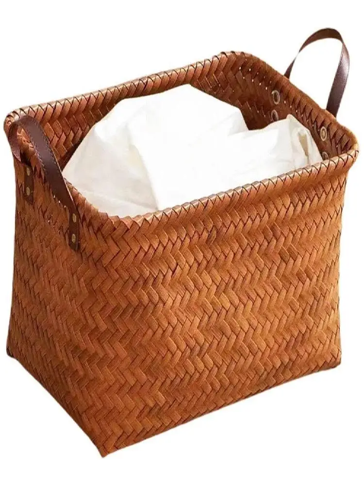 Panier à vêtements sales marron rétro, tissage en Imitation rotin, panier de pique-nique Portable de 38cm, rangement à domicile pour le linge