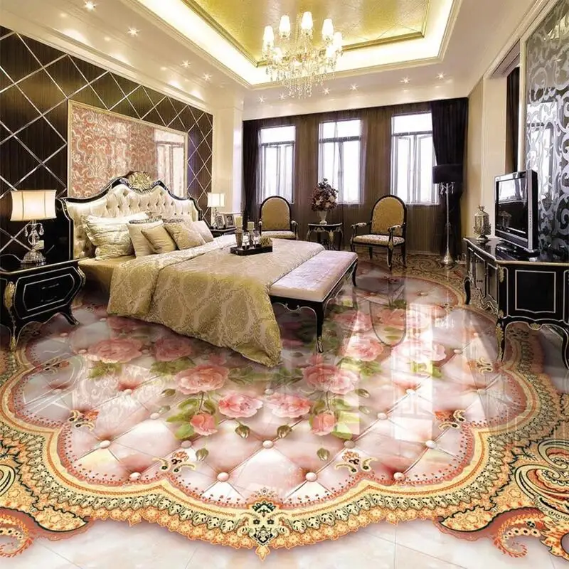 European Style Rose Flower Marble Floor Tiles Mural Self-adhesive PVC Wallpaper Living Room Waterproof Papel De Parede Floral