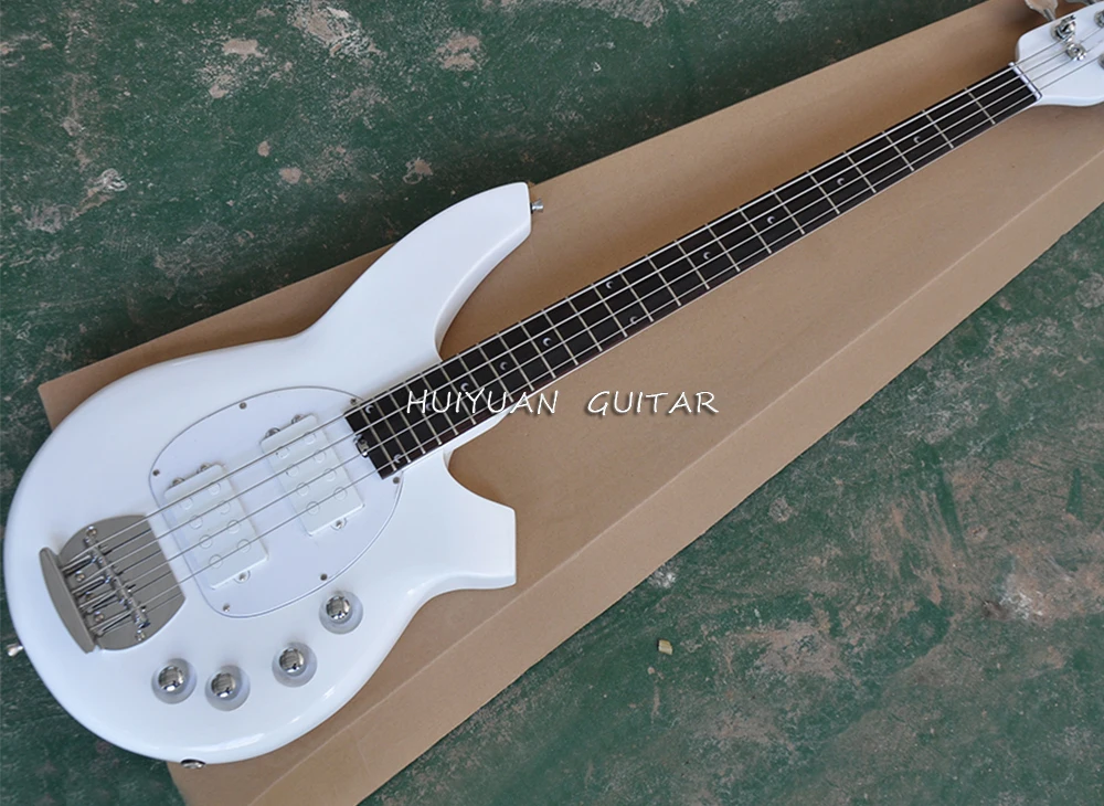 4 Strings White Electric Bass Guitar with Active Circuit,Rosewood Fretboard, 24 Frets