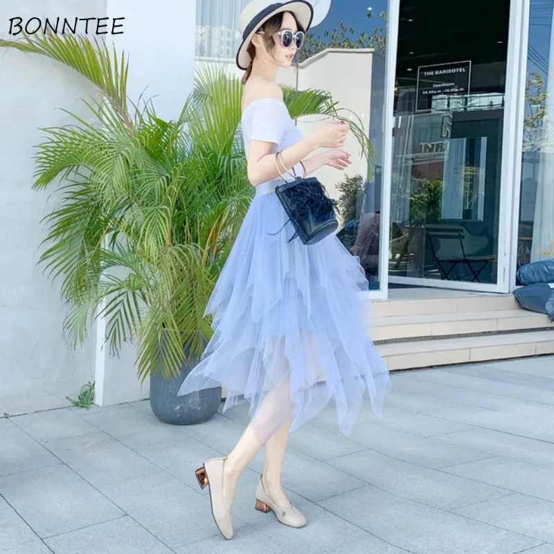 

Skirts Women Irregular Design Mesh Fairycore Mid-length High Waist Korean Fashion All-match Candy Color Chic Popular Spring Y2k
