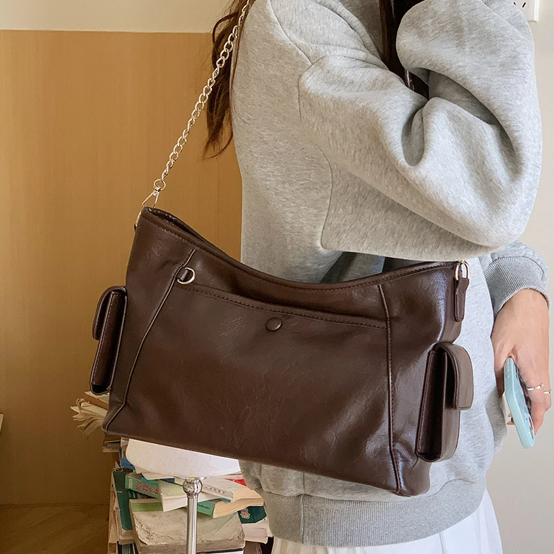 

Vintage Soft Leather Tote Bag for Women Large Capacity Chain Shoulder Crossbody Bag Multi Pocket Casual Daily Commuter Handbag