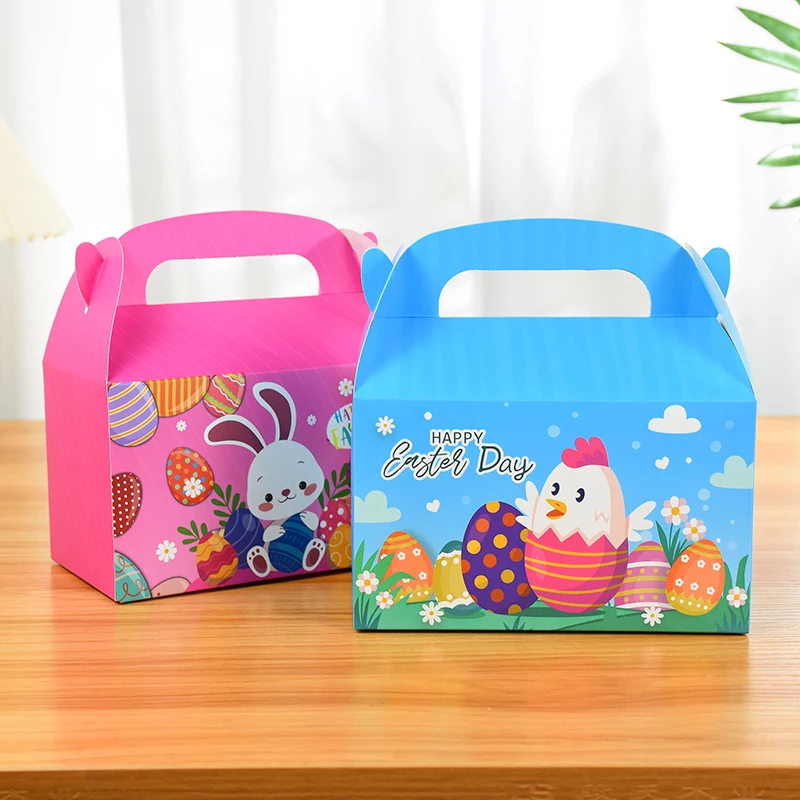 5pcs Easter Cartoon Candy Boxes with Handle Cute Bunny Chick Cookies Gifts Packaging Basket Happy Easter Party Decoration Supply