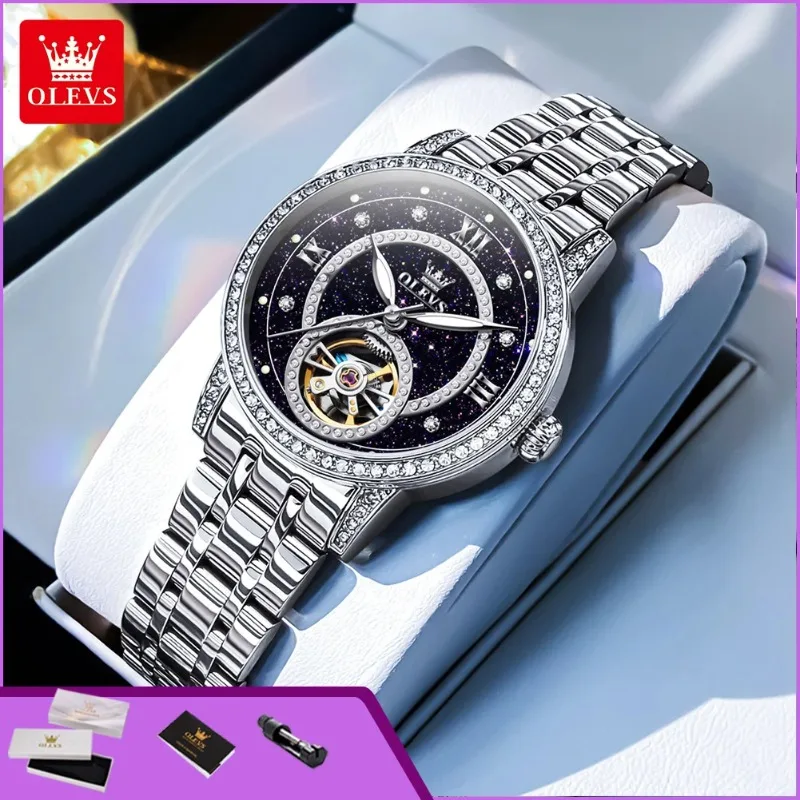 OLEVS 7036 Hollow Flywheel Ladies Dress Wristwatch Starry Sky Diamond Dial Top Luxury Elegant Women's Automatic Mechanical Watch