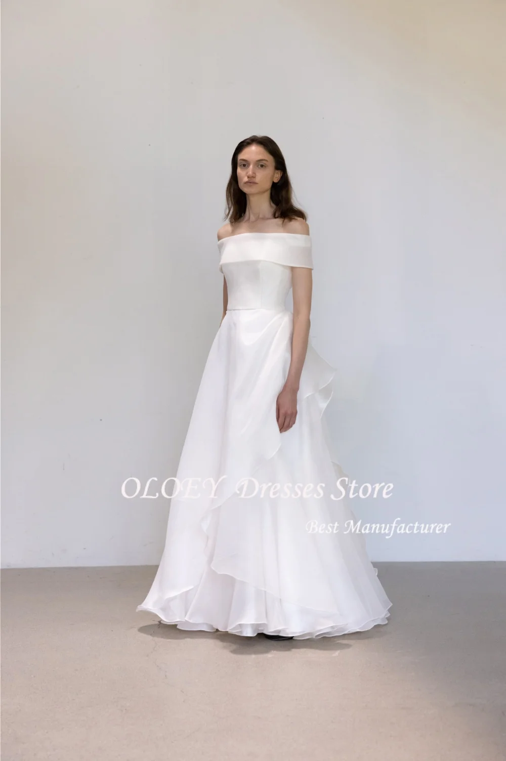 OLOEY Korea Schouderafhangend Elegant Organza A-lijn Eenvoudige korte mouwen Trouwjurken ojianke Tirvoor Op maat Mooi