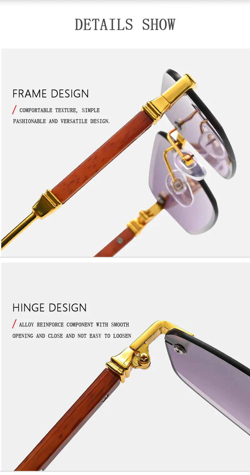 2026 Holz Randlose Sonnenbrille Frauen Trendy Sonnencreme Vintage Sonnenbrille Männer Urlaub Mode Gläser Lentes De Sol Mujer Okulary – Detail 8