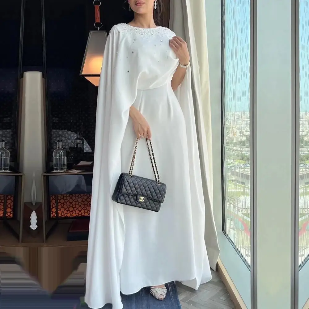 Vestido de baile feminino com o pescoço em Dubai, mangas xale, vestido de noite com penas, comprimento do tornozelo, vestido de casamento, 2023