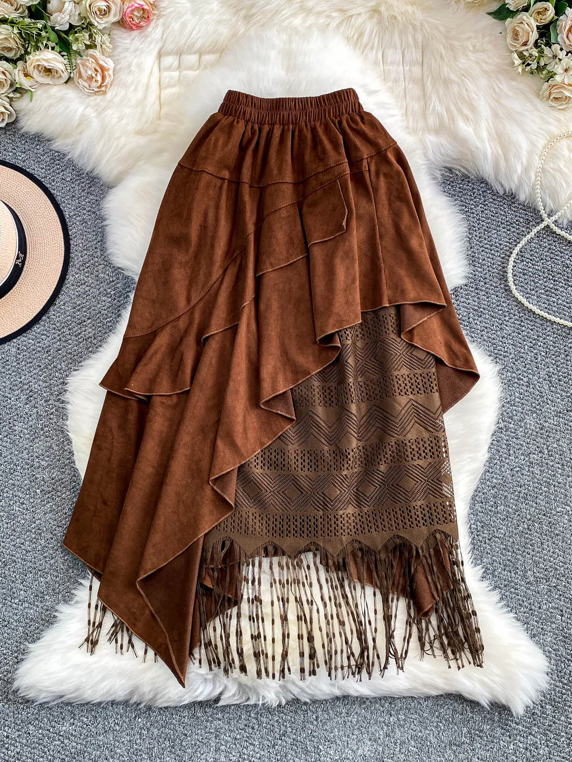 

Ретро-юбка миди с кружевными вставками и бахромой для женщин, с завышенной талией, из замшевой ткани, для праздничного образа