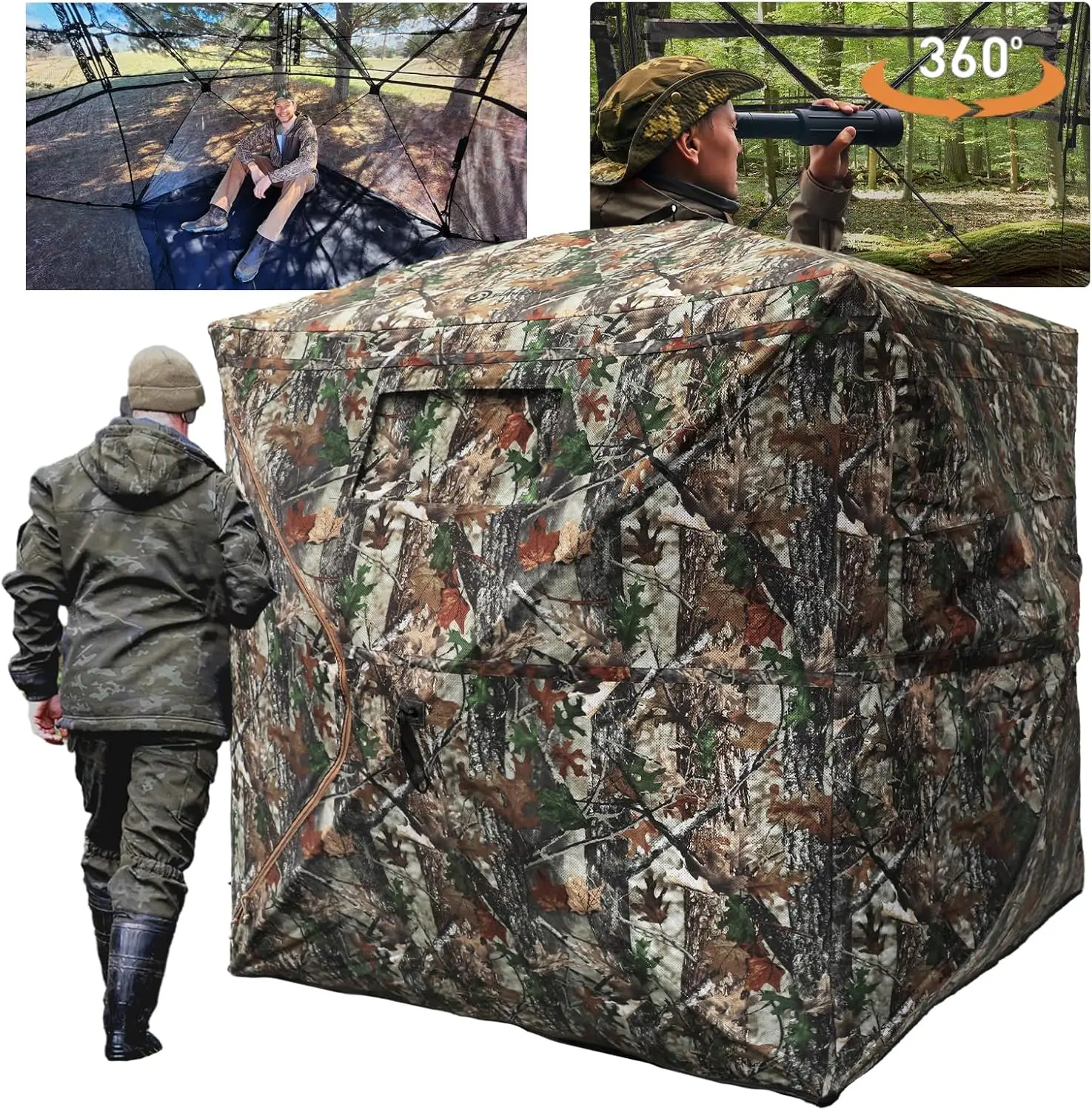 

360 Degree See Through Hunting Blind with Floor Mat, Pop Up Camouflage Tent for 2-4 Persons, Portable Shelter