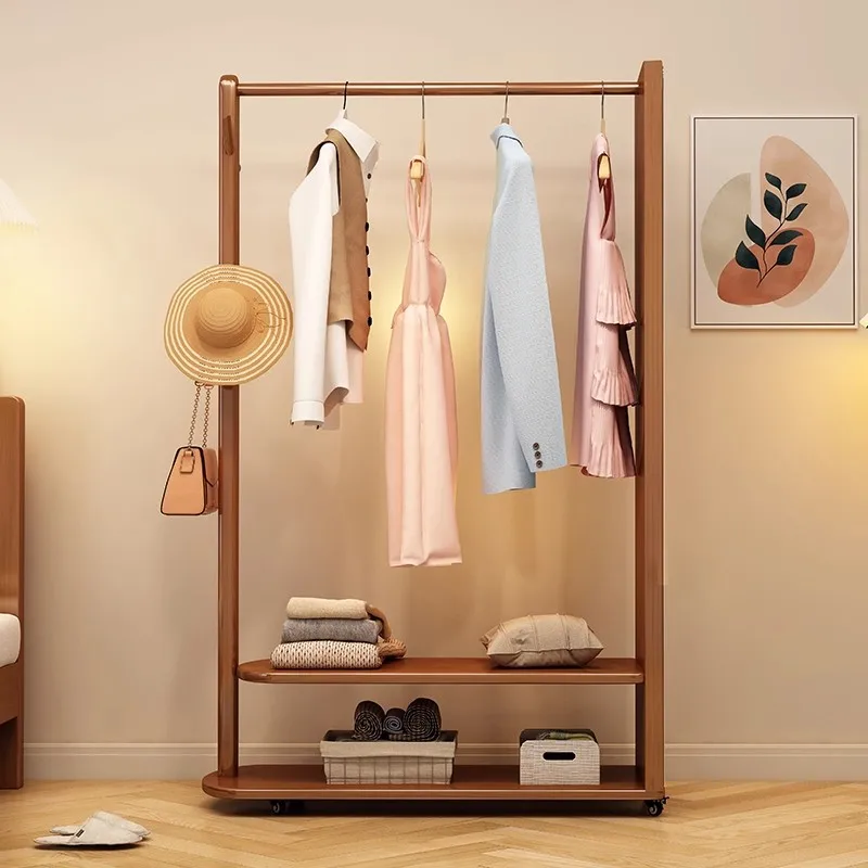 Solid wood coat rack full body try full-length mirror integrated hanger movable hanger floor bedroom rack household
