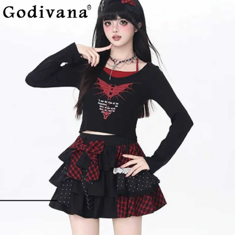 Subculture Retro Sexy Fake Two-piece Slim Round Neck Long Sleeve T-Shirt Japanese Plaid Splicing Contrasting Color Cake Skirt