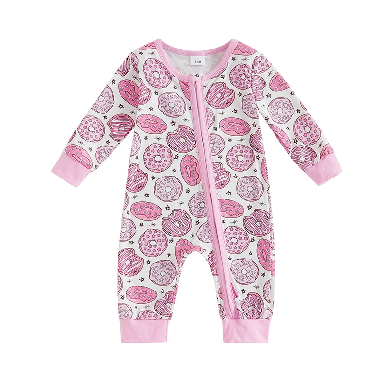 

Baby Girls Autumn Casual Jumpsuit Long Sleeve Crew Neck Donut Print Oblique Zipper Romper