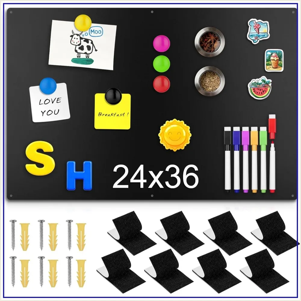 

24" x 36" Magnetic Board, Black Bulletin Board for Wall, Fridge, with Accessories
