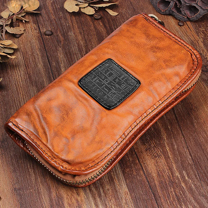 Genuine Leather Men Long Wallet Retro Pleated Multi-card Clutch Bag Large Capacity Zipper Mobile Phone Bag Card Holder Wallets