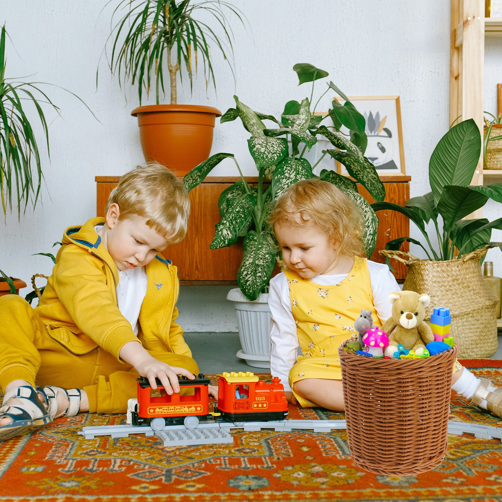 

Desktop Storage Basket Plastic Pen Holder Coffee Medium Size Imitation Rattan Design For Office Home School Stationery