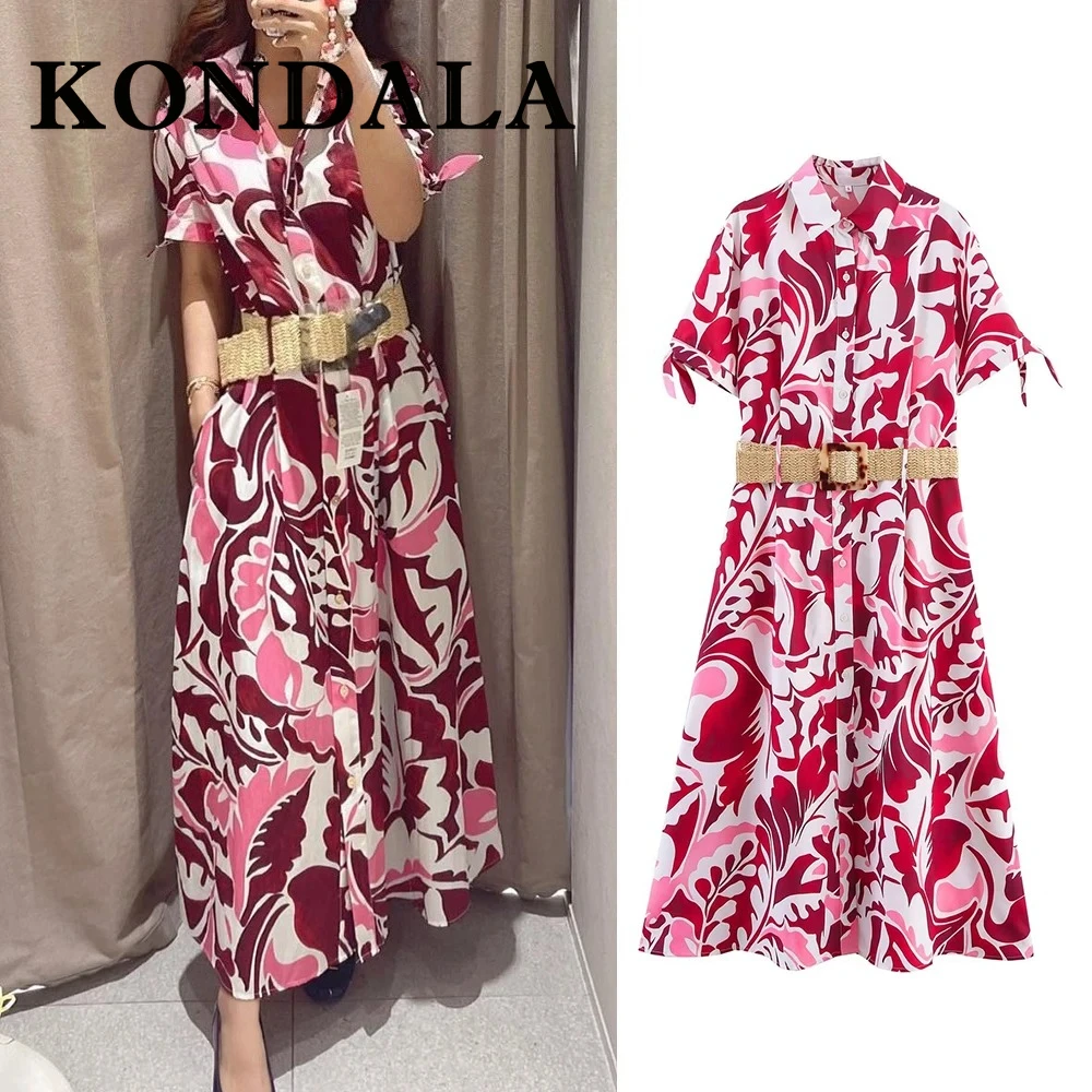 Kondala vintage floral vermelho faixas mulher vestido casual férias bohe vestido de manga curta moda 2025 verão mujer cinto vestido