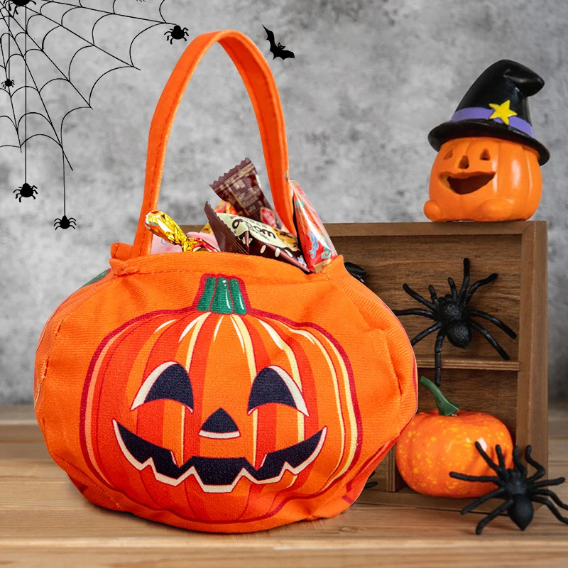 Bolsa de tela para dulces de Halloween, bolsa de regalo de calabaza naranja para niños, bolsas de mano de tela de fieltro, bolsas de regalo de truco o trato de Halloween, bolso de mano