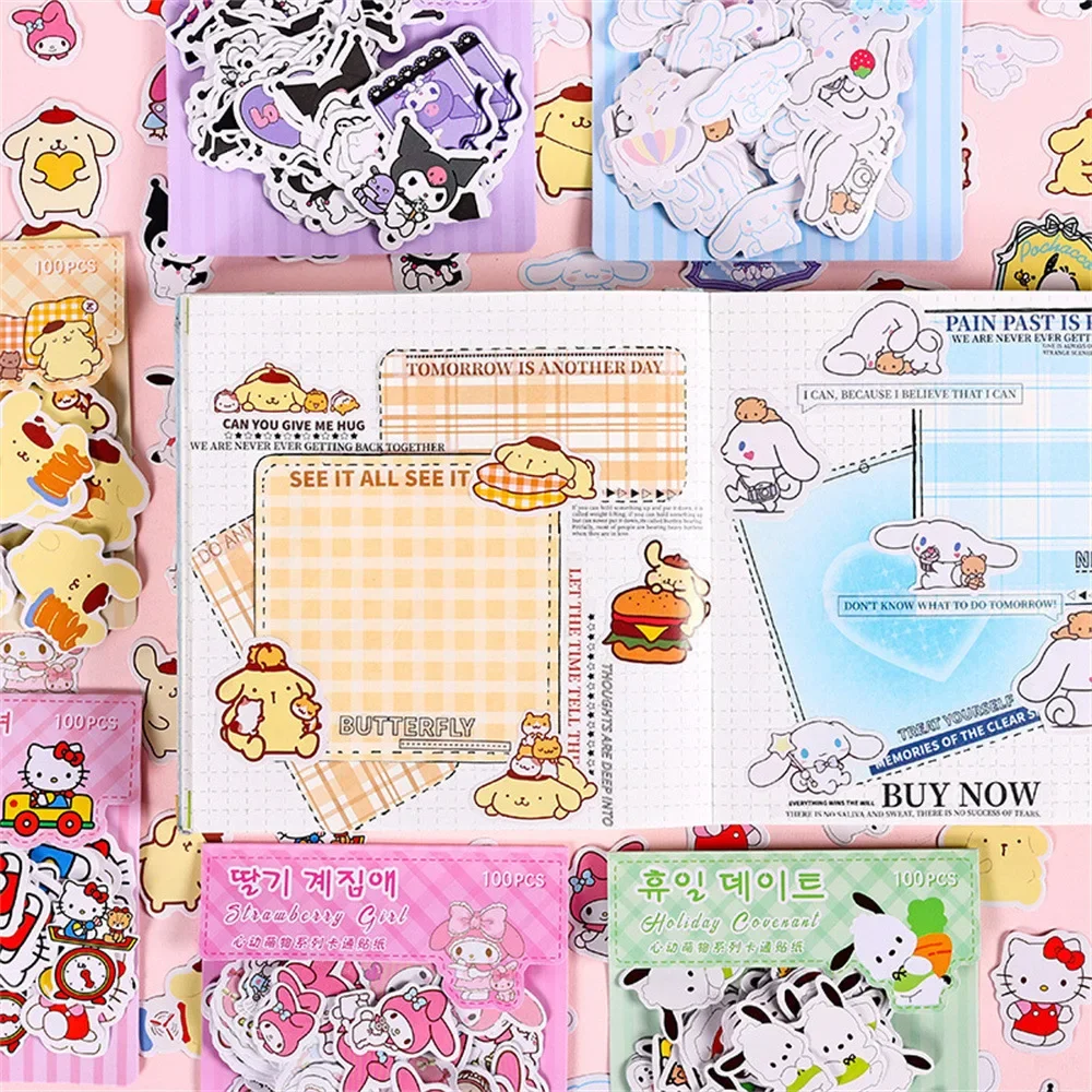 100 ชิ้น/ถุง Kawaii น่ารัก Sanrio สติกเกอร์อะนิเมะเด็ก DIY Hello Kitty Kuromi My Melody Creative ถ้วยคู่มือ Decor Decal ของขวัญ