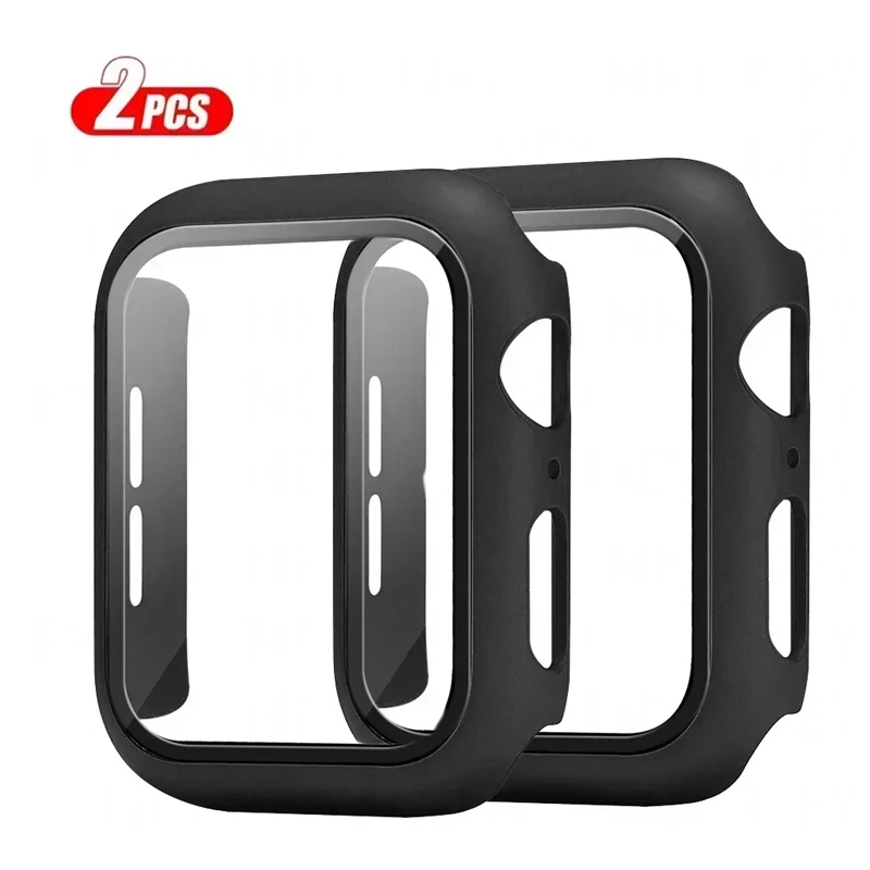 2Pcs Tempered Glass+cover For Apple Watch Accessories 45mm 41mm 44mm 40mm 42mm Screen Protector Iwatch serie 9 4 5 6 SE 7 8 Case