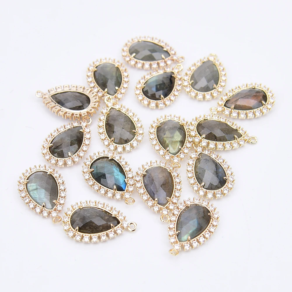 

APDGG 10 шт. натуральных подвесок-капель из лабрадорита с прозрачными фианитами, для изготовления украшений своими руками