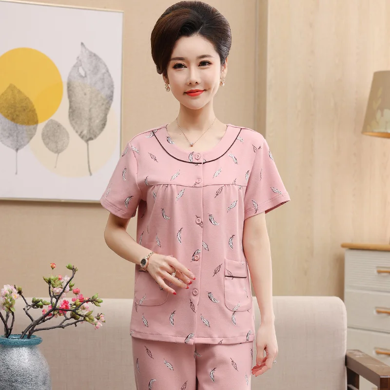 Women O-Neck Cardigan Nightwear Suit Summer Short Sleeve Long Pants Pajamas Stretch Cotton Casual Homewear Print Pijamas Mujer