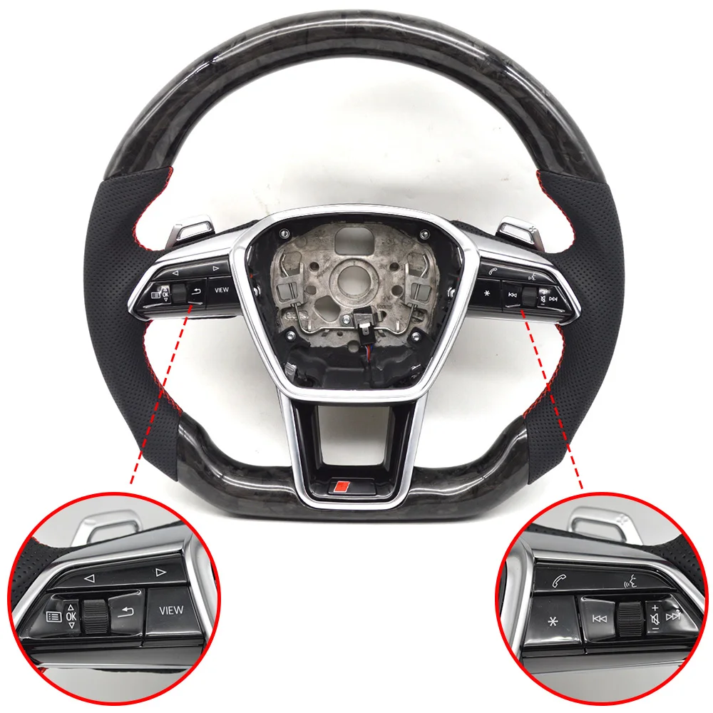 For Audi A6 C8 multifunctional carbon fiber leather semi perforated hollow paddle flat bottomed sports steering wheel