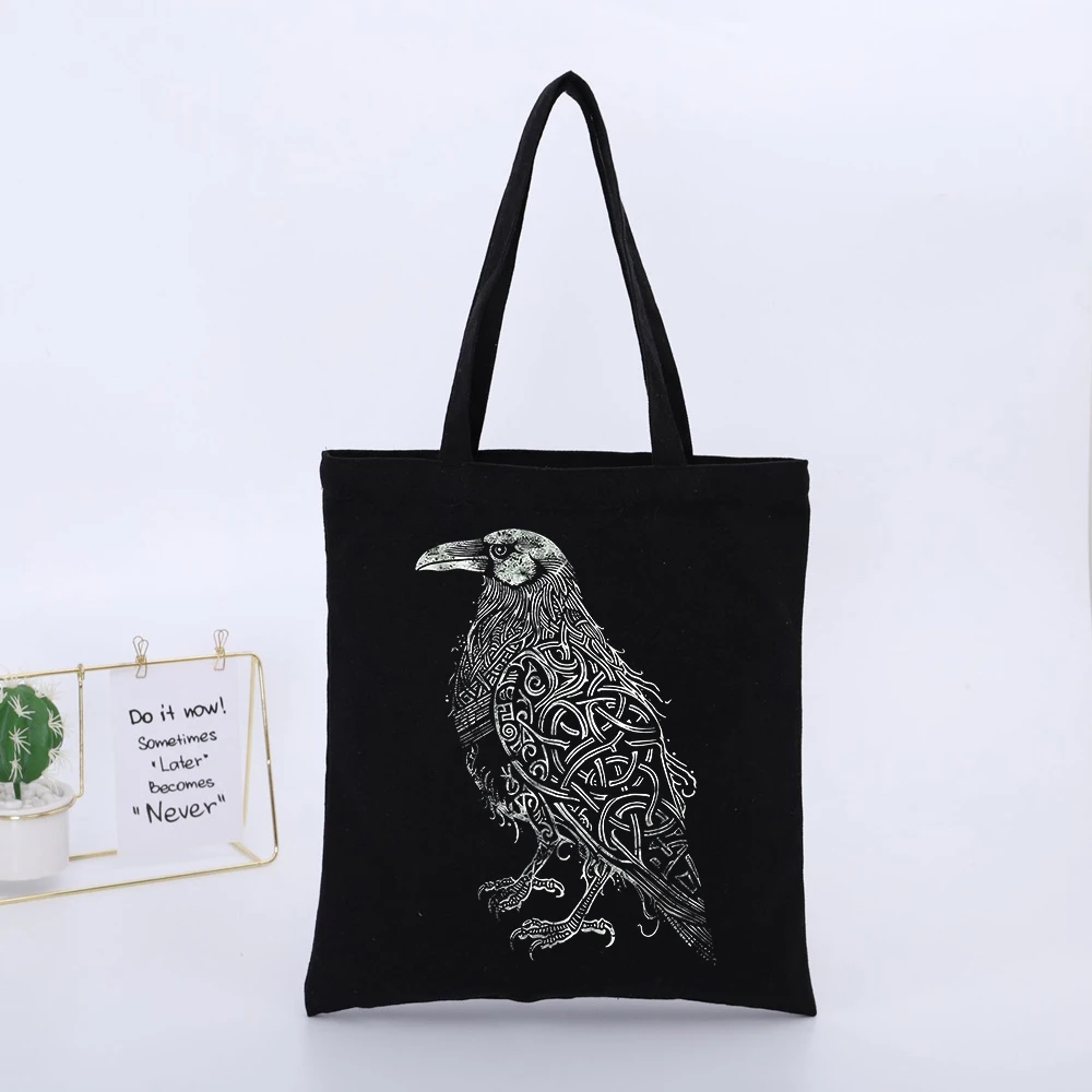 Raven Bird Graphic Canvas Tote Bag, Artistic Design for Daily Shopping and Casual Outings